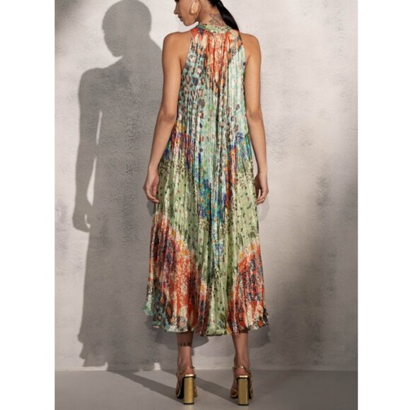 Ranna Gill Women's Orange Green Shimmer Sleeveless Zuri Midi Dress Size M - Picture 2 of 6